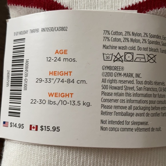 NWT Size 12-24 month Girl’s Gymboree Red/White Holiday Tights - Picture 3 of 3